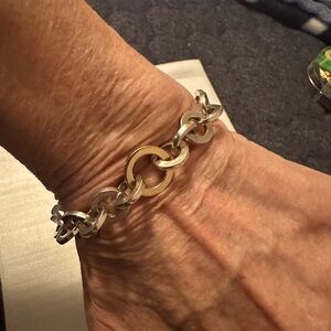 Sterling Silver 925 Round Link Bracelet with one Gold Tone middle Link